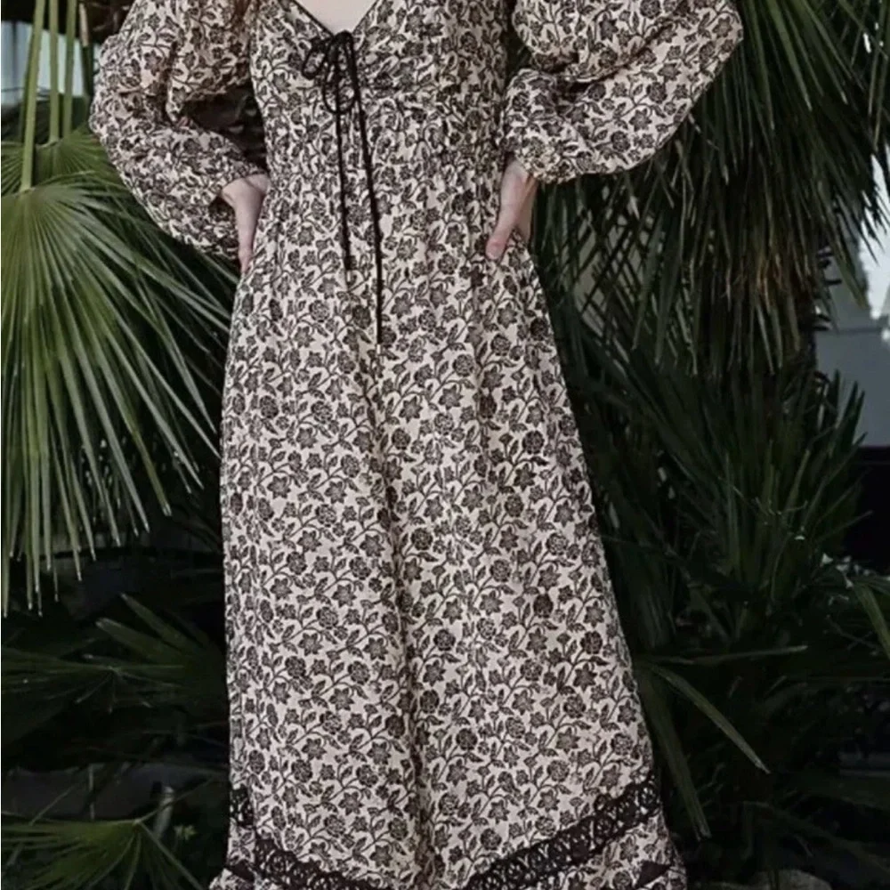 Free People Soulmate Balloon Leg Jumpsuit Long Sleeve Boho Neutral Floral  Sz M